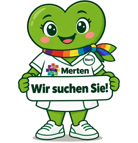 Merti, das Maskottchen des Pflegedienstes Merten, mit Schild „Wir suchen Sie“